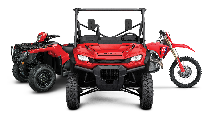 A Honda quad bike, a side by side utility vehicle and a dirt bike together